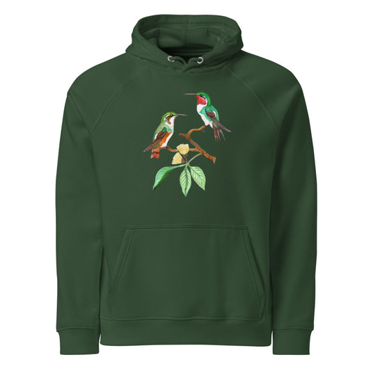 White-bellied Woodstar hoodie on Bottle green, Printful mockup