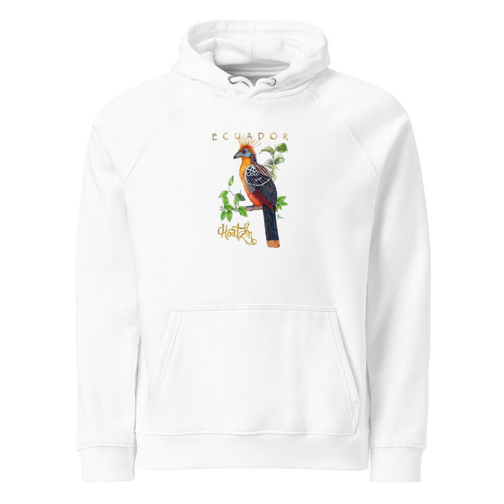 Hoatzin hoodie on White, Printful mockup