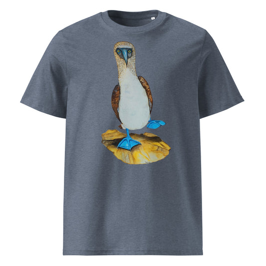 Blue-footed Booby tee on Dark Heather Blue, Printful mockup