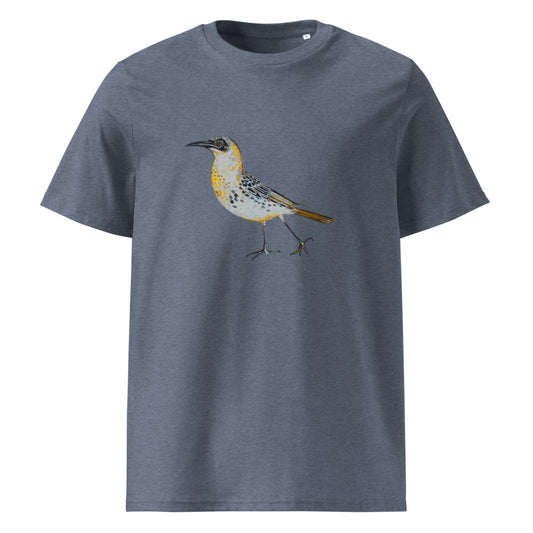 Galápagos Mockingbird tee on Dark Heather Blue, Printful mockup