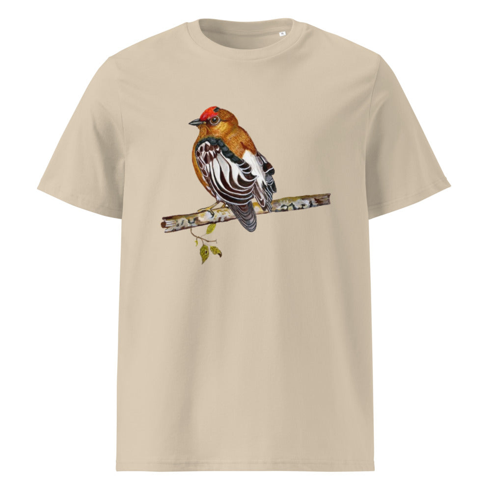 Club-winged Manakin tee on Desert Dust, Printful mockup