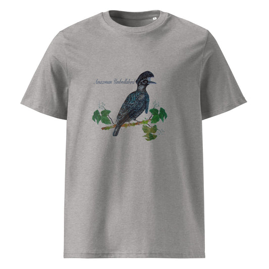 Amazonian Umbrellabird tee on Heather Grey, Printful mockup