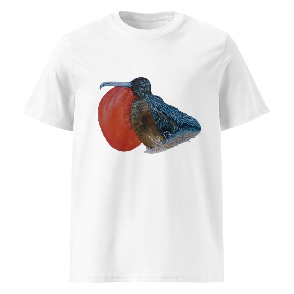 Galápagos Frigatebird tee on White, Printful mockup