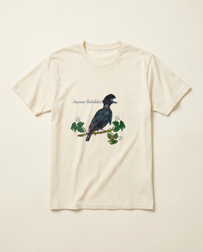 Product mockup: hand-painted Amazonian Umbrellabird by Lilly Sylva
