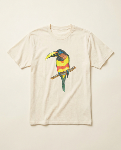 Product mockup: hand-painted Chestnut-eared Araçari by Lilly Sylva