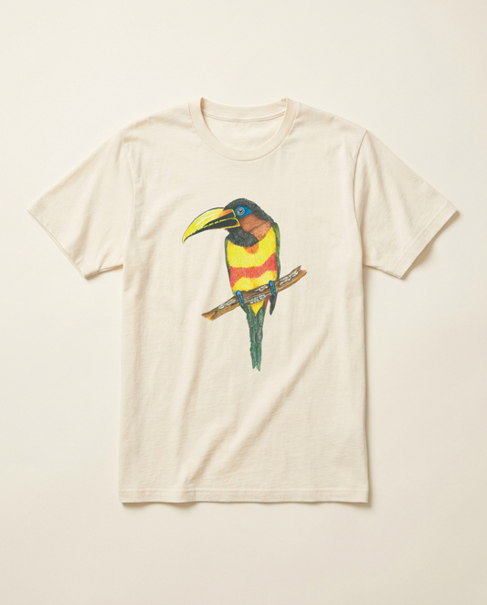 Product mockup: hand-painted Chestnut-eared Araçari by Lilly Sylva