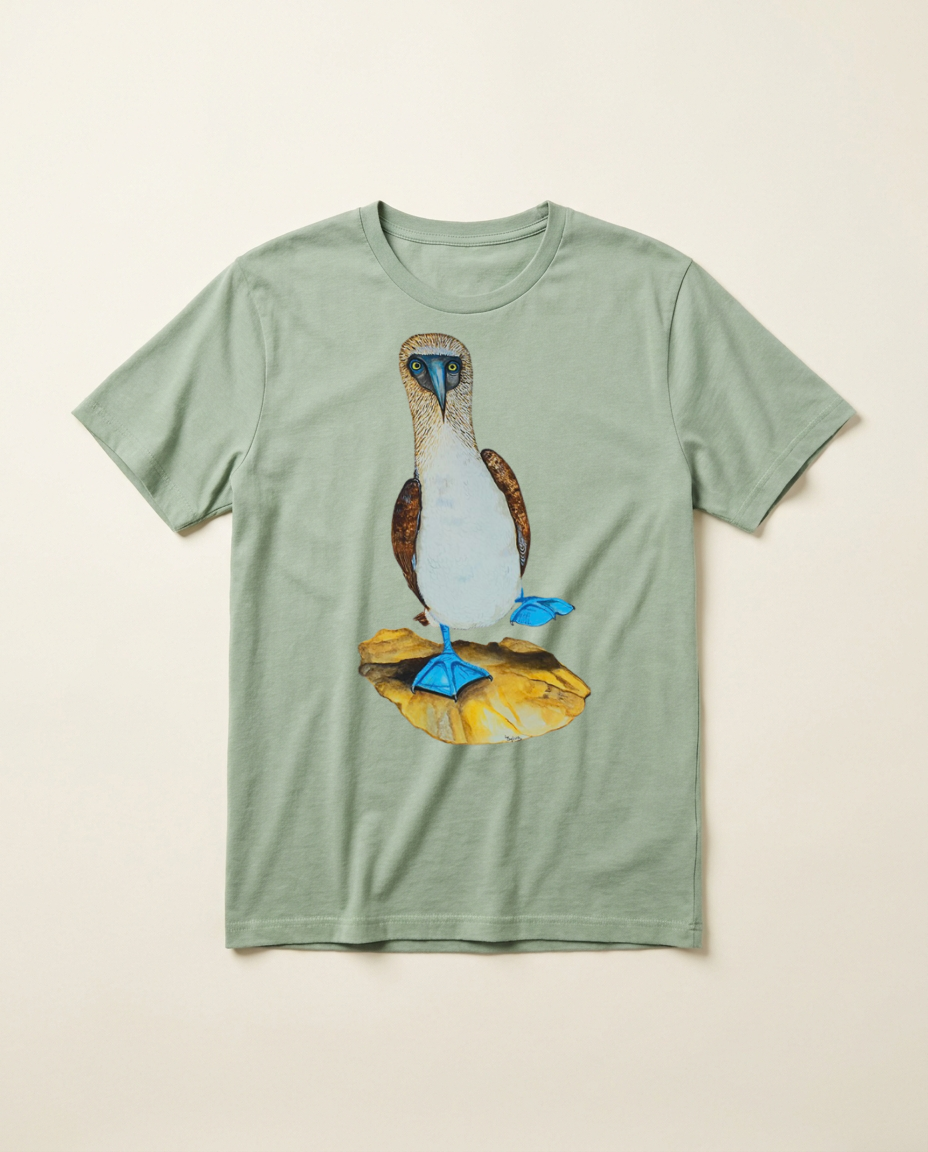 Product mockup: hand-painted Blue-footed Booby by Lilly Sylva