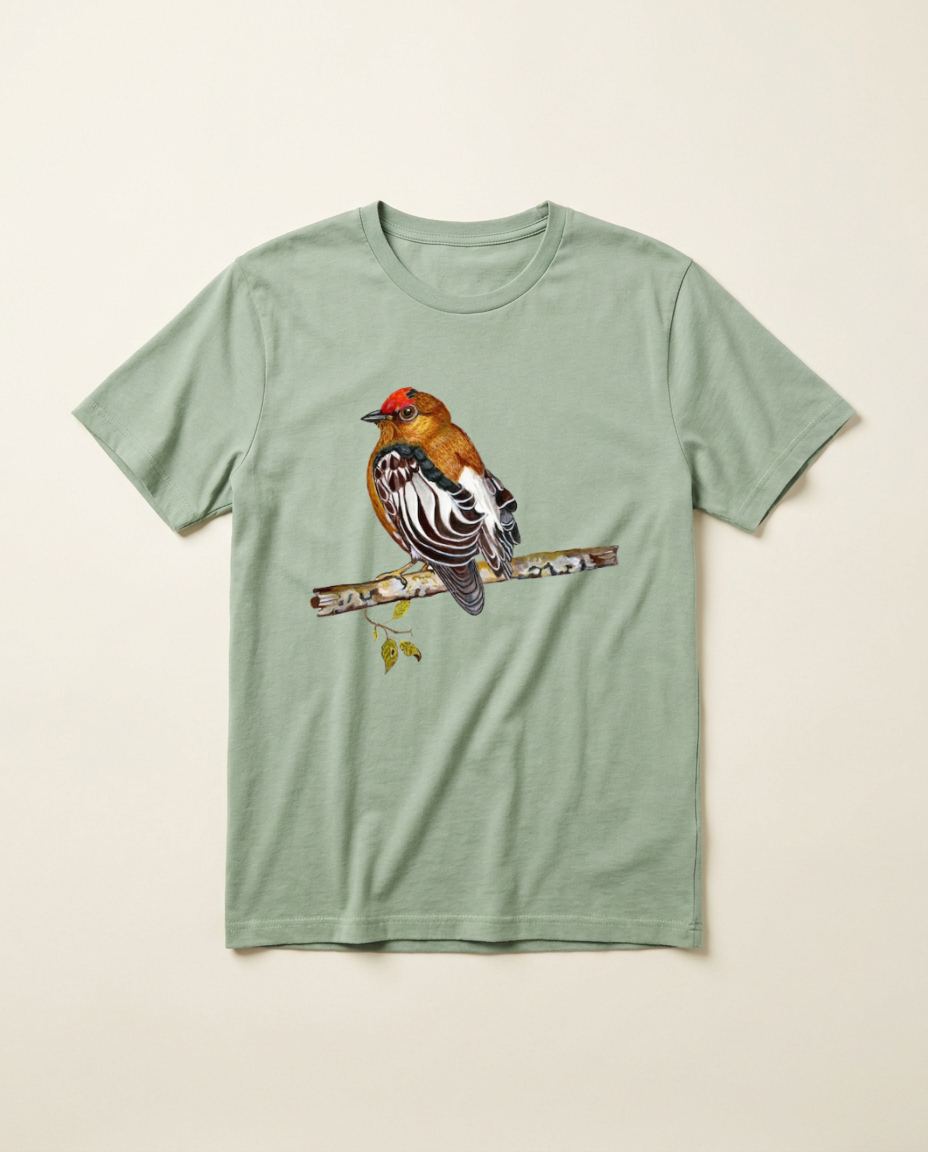 Product mockup: hand-painted Club-winged Manakin by Lilly Sylva