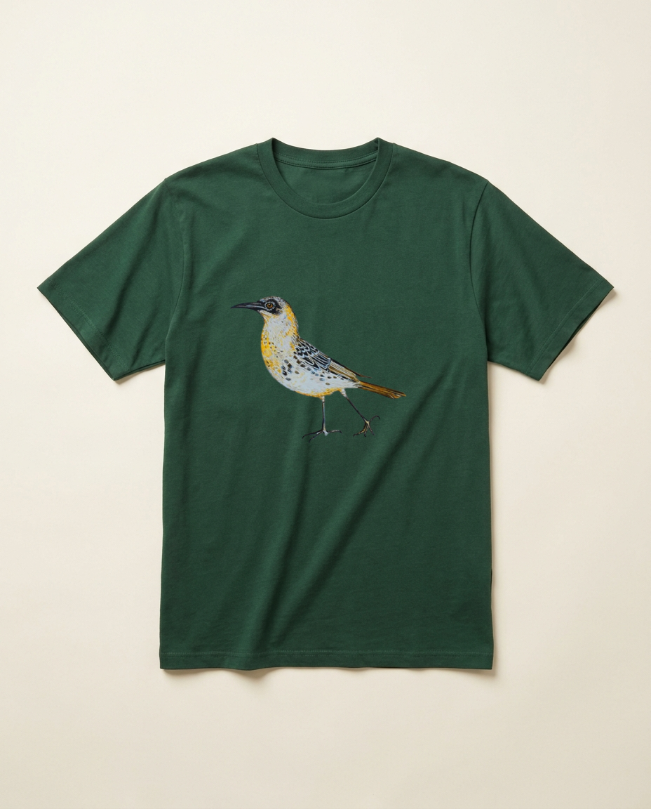 Product mockup: hand-painted Galápagos Mockingbird by Lilly Sylva
