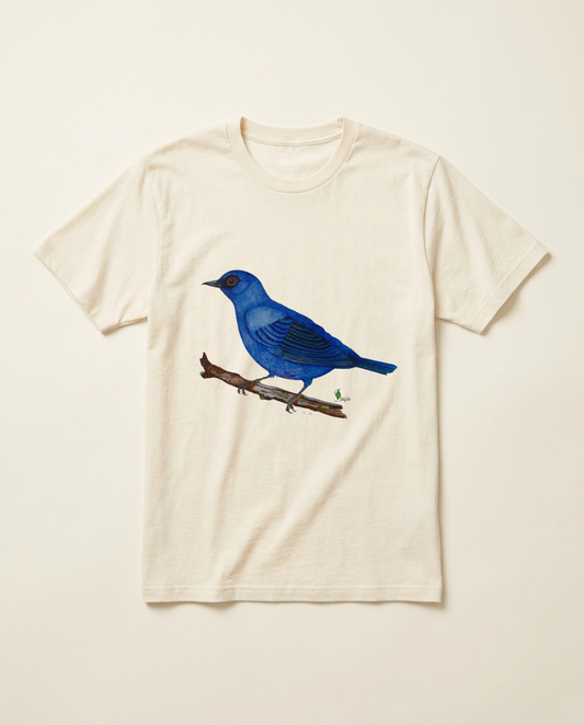 Product mockup: hand-painted Blue-and-Black Tanager by Lilly Sylva