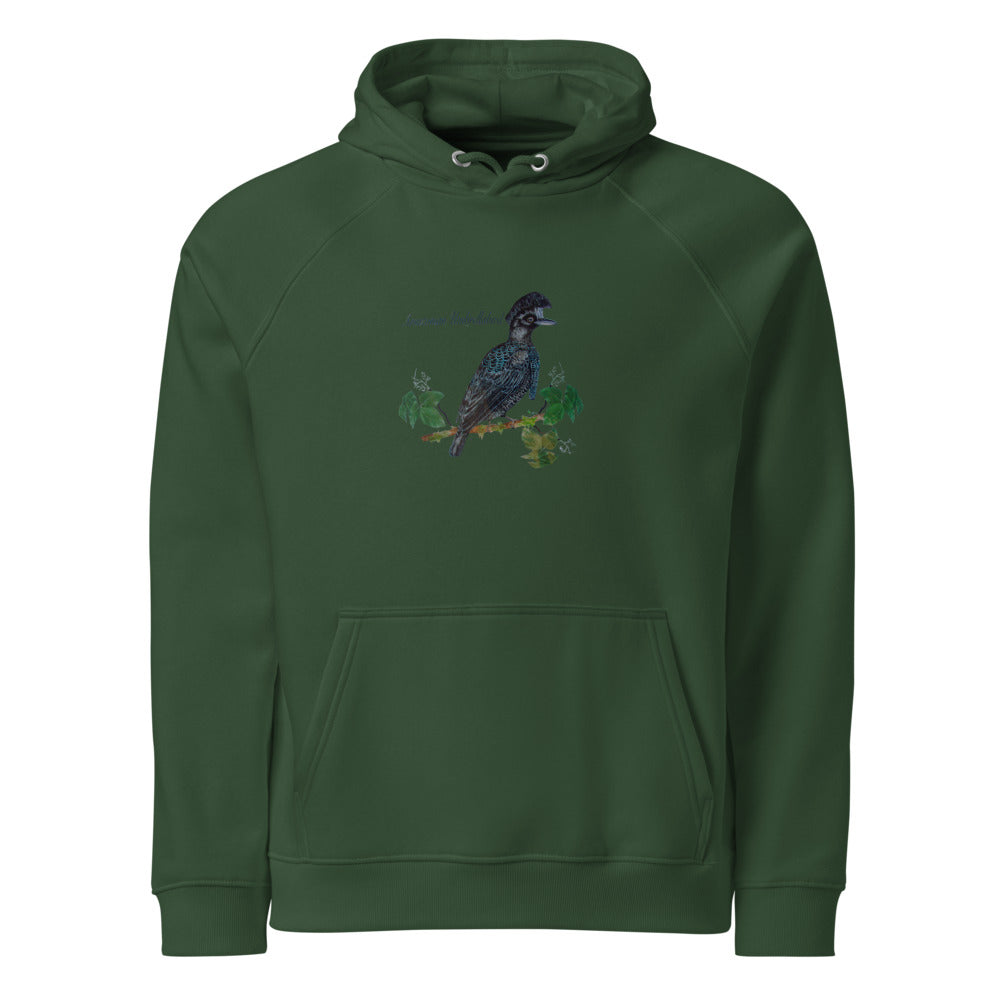 Amazonian Umbrellabird hoodie on Bottle green, Printful mockup