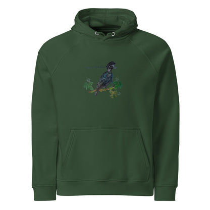 Amazonian Umbrellabird hoodie on Bottle green, Printful mockup