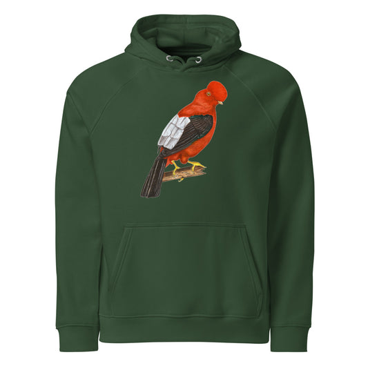 Andean Cock-of-the-rock hoodie on Bottle green, Printful mockup