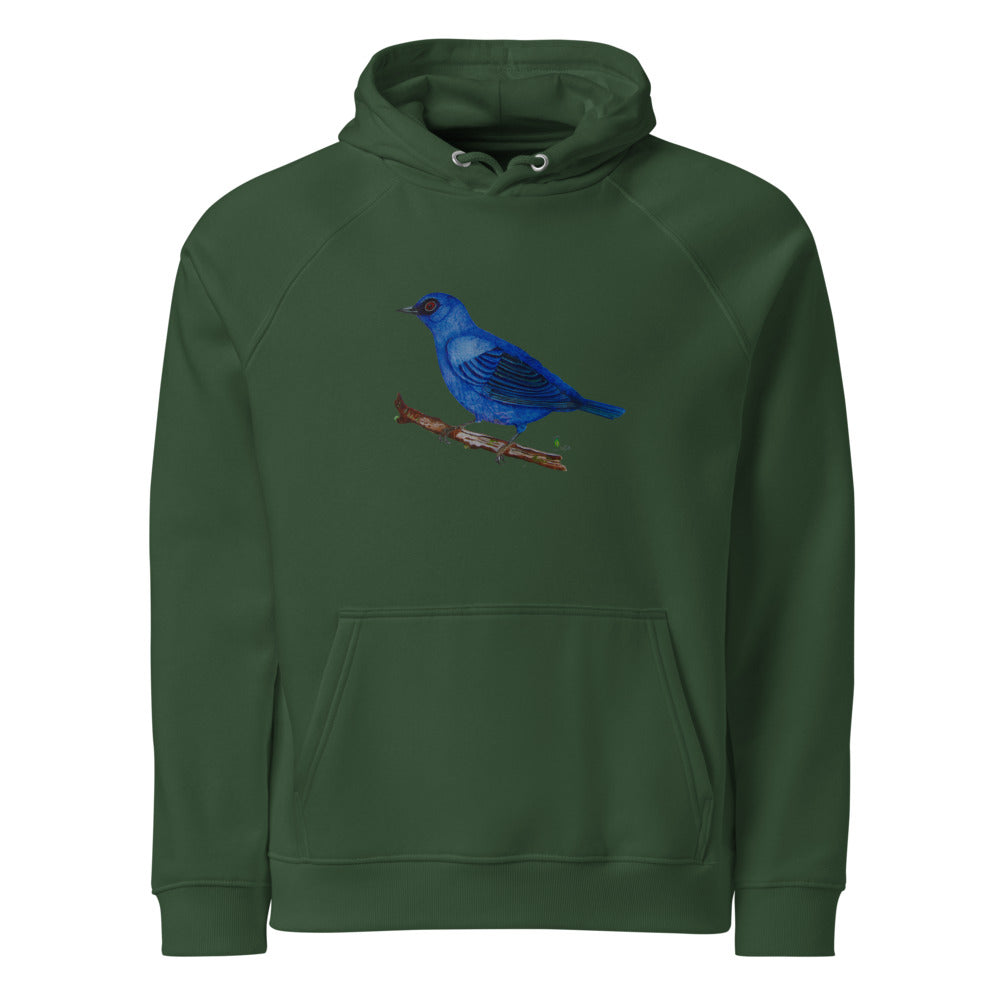Blue-and-Black Tanager hoodie on Bottle green, Printful mockup