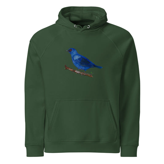 Blue-and-Black Tanager hoodie on Bottle green, Printful mockup