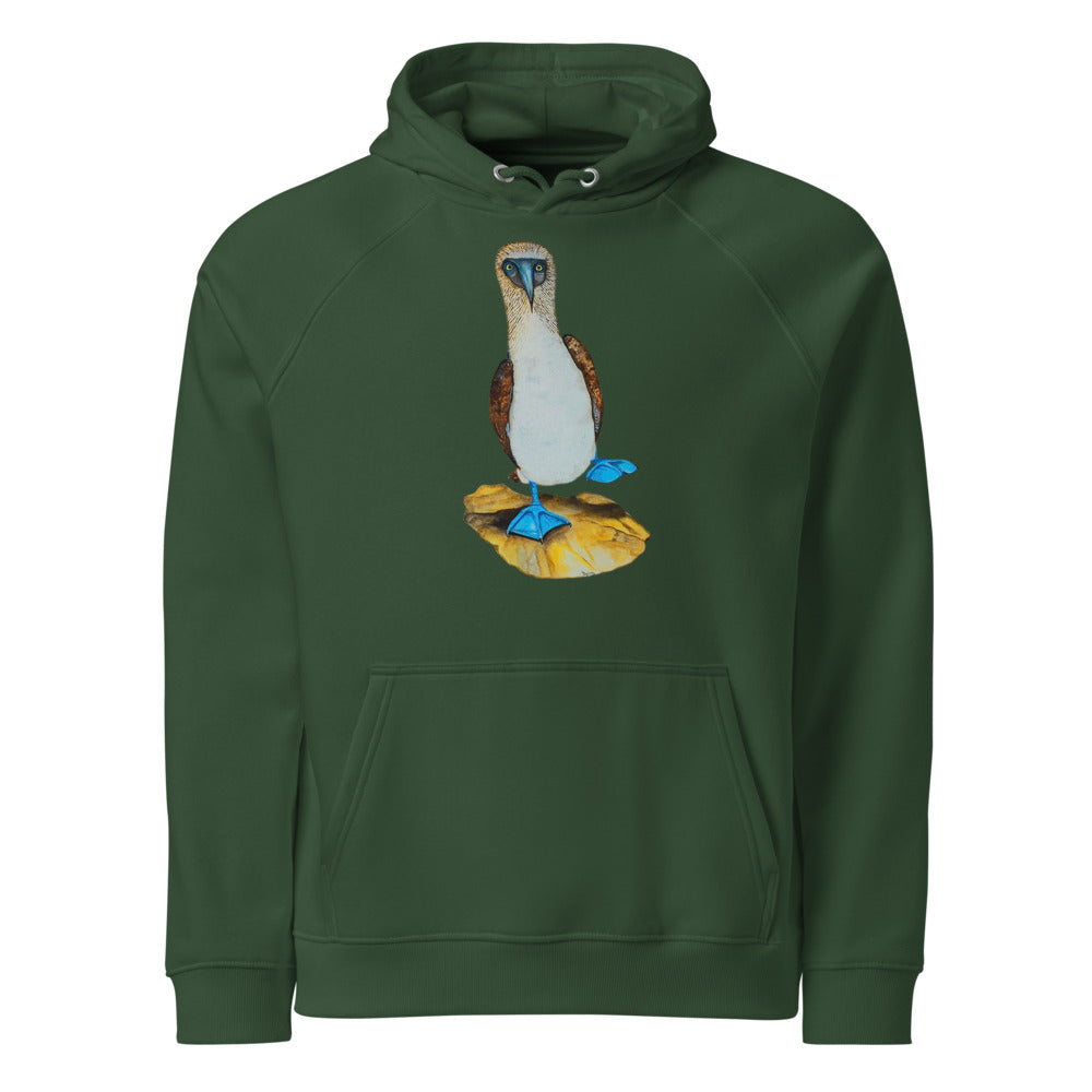 Blue-footed Booby hoodie on Bottle green, Printful mockup
