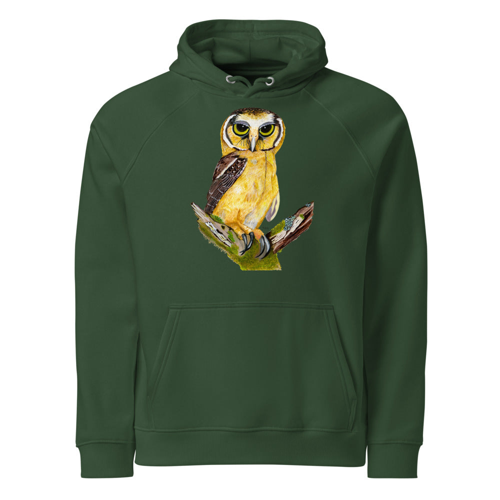 Buff-fronted Owl hoodie on Bottle green, Printful mockup