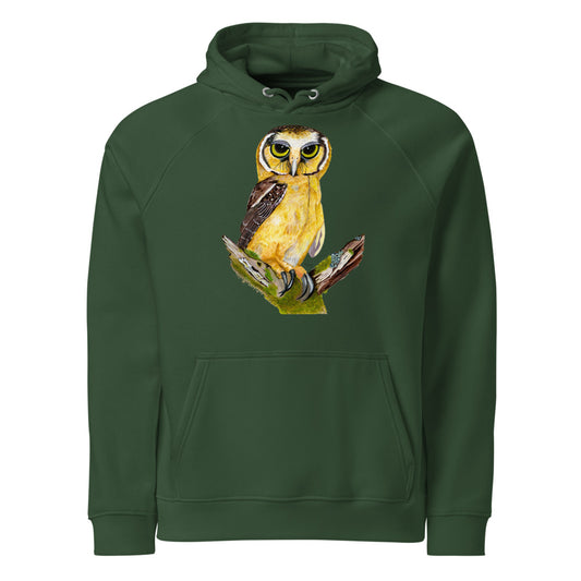 Buff-fronted Owl hoodie on Bottle green, Printful mockup