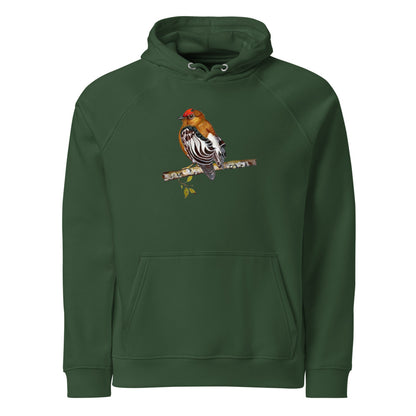 Club-winged Manakin hoodie on Bottle green, Printful mockup
