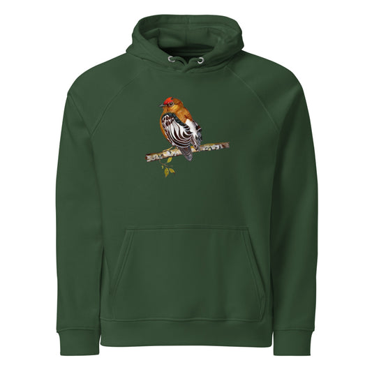 Club-winged Manakin hoodie on Bottle green, Printful mockup