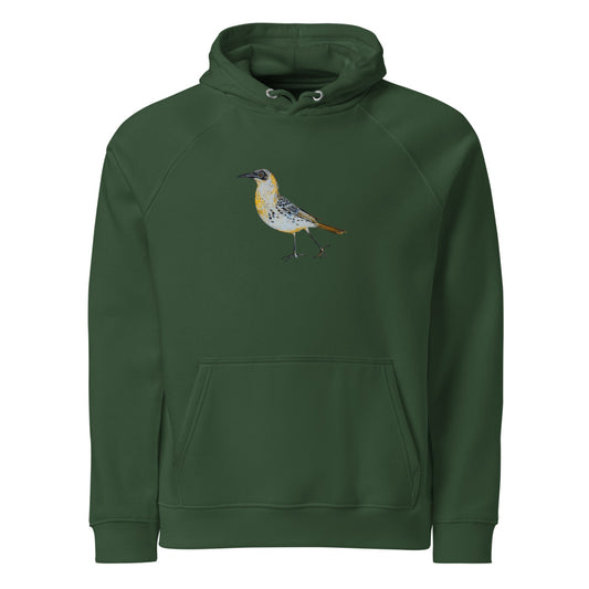 Galápagos Mockingbird hoodie on Bottle green, Printful mockup