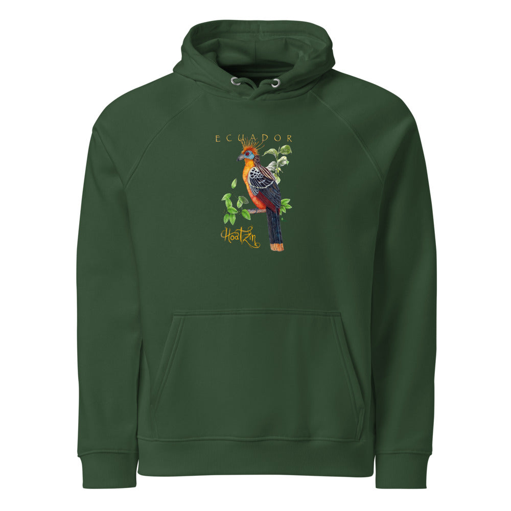 Hoatzin hoodie on Bottle green, Printful mockup