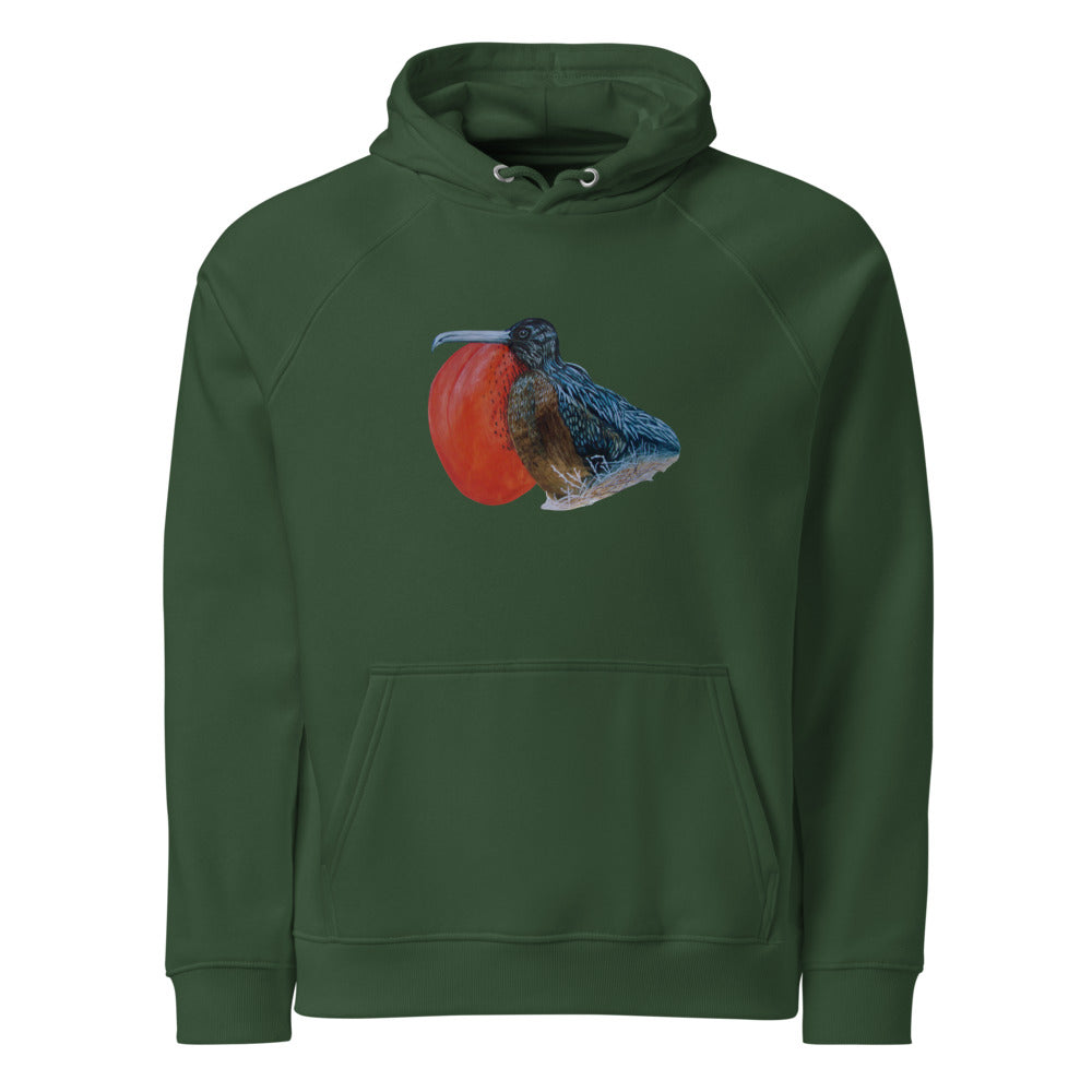 Galápagos Frigatebird hoodie on Bottle green, Printful mockup