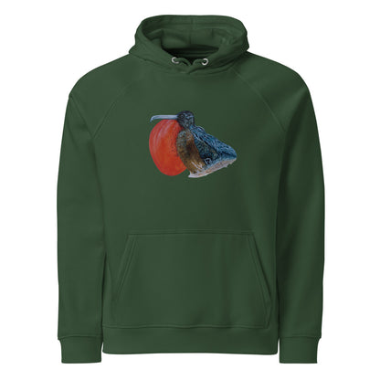 Galápagos Frigatebird hoodie on Bottle green, Printful mockup