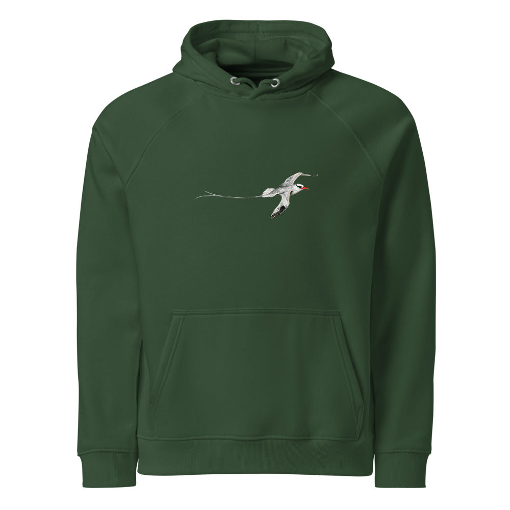 Red-billed Tropicbird hoodie on Bottle green, Printful mockup
