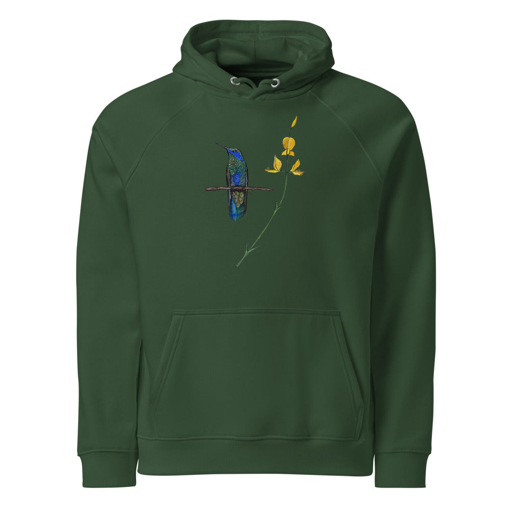 Sparkling Violetear hoodie on Bottle green, Printful mockup