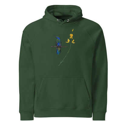 Sparkling Violetear hoodie on Bottle green, Printful mockup