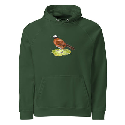 Tanager Finch hoodie on Bottle green, Printful mockup