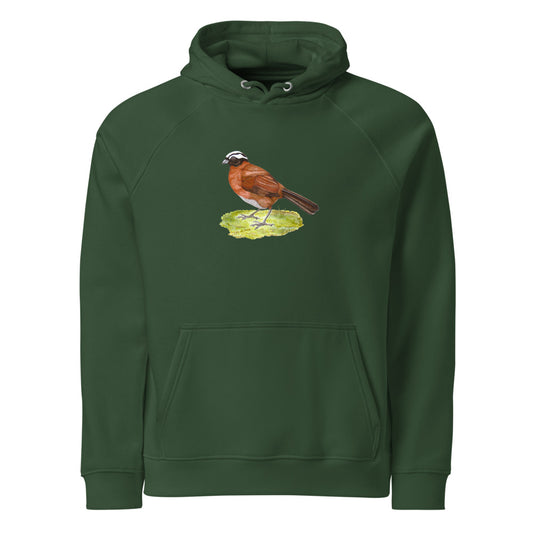 Tanager Finch hoodie on Bottle green, Printful mockup