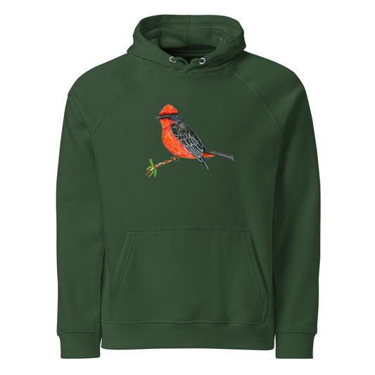 Vermilion Flycatcher hoodie on Bottle green, Printful mockup