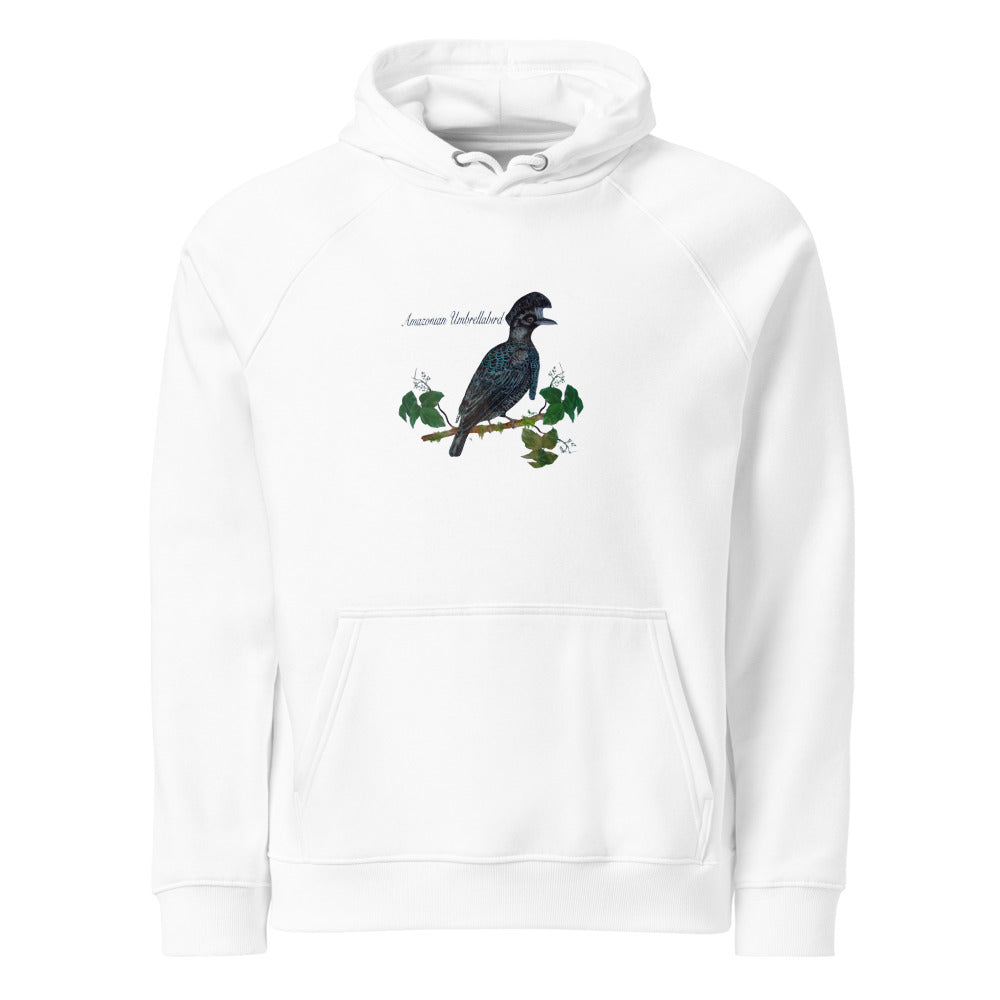Amazonian Umbrellabird hoodie on White, Printful mockup