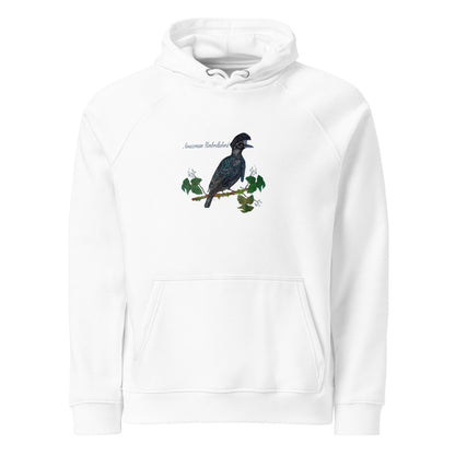 Amazonian Umbrellabird hoodie on White, Printful mockup