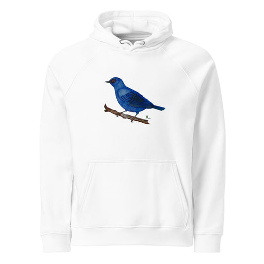 Blue-and-Black Tanager hoodie on White, Printful mockup