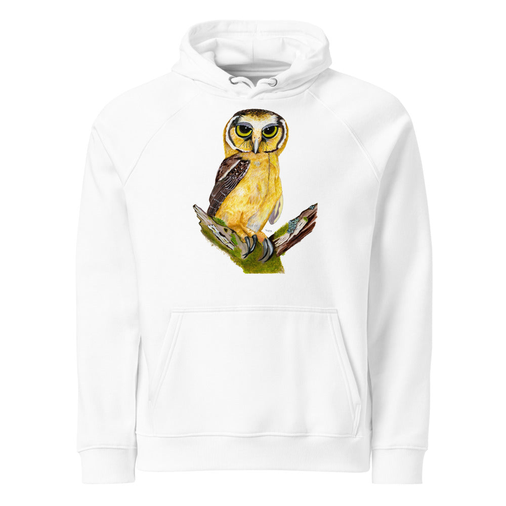 Buff-fronted Owl hoodie on White, Printful mockup