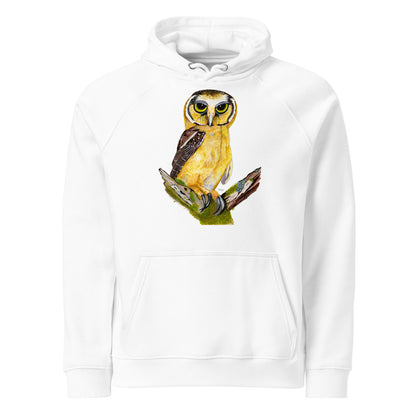 Buff-fronted Owl hoodie on White, Printful mockup