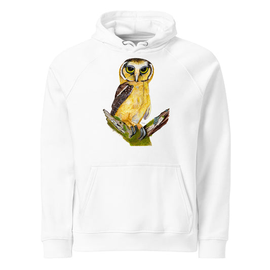 Buff-fronted Owl hoodie on White, Printful mockup