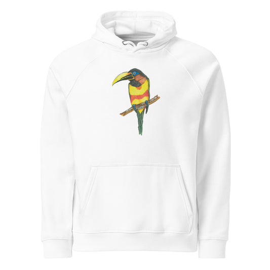 Chestnut-eared Araçari hoodie on White, Printful mockup