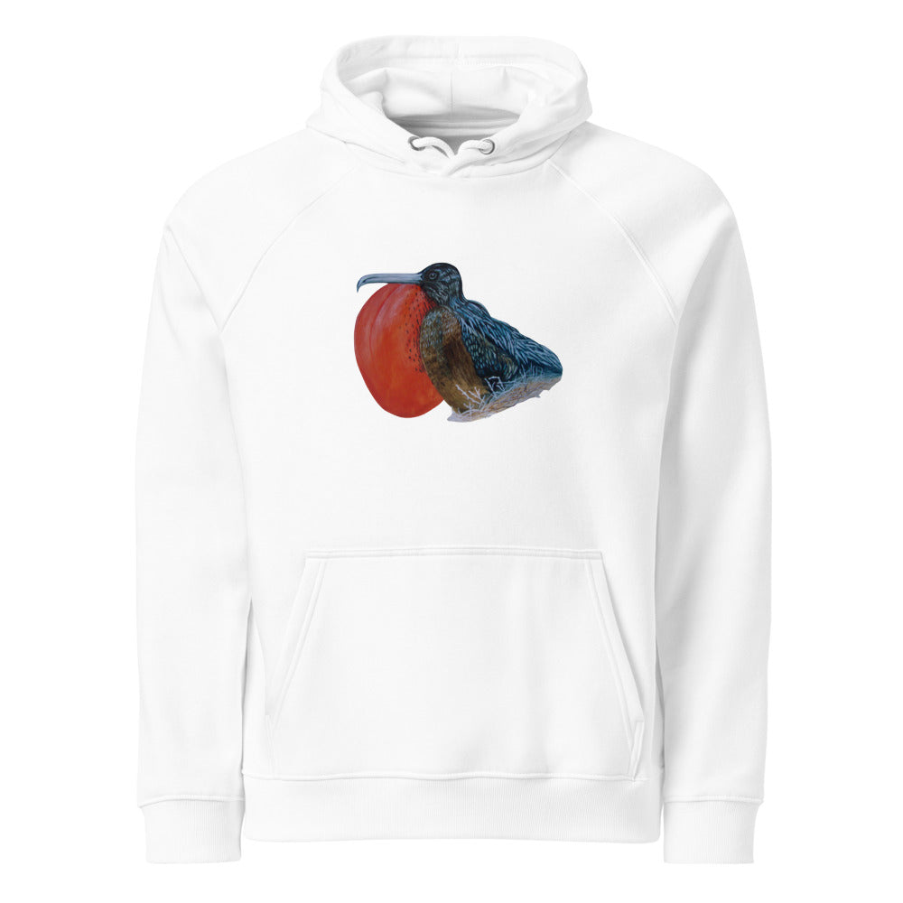 Galápagos Frigatebird hoodie on White, Printful mockup