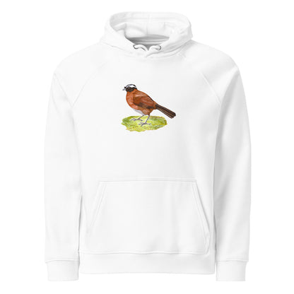 Tanager Finch hoodie on White, Printful mockup