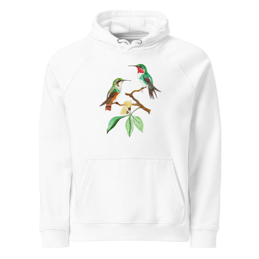 White-bellied Woodstar hoodie on White, Printful mockup