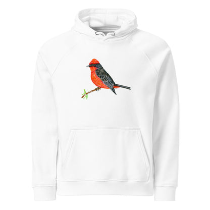 Vermilion Flycatcher hoodie on White, Printful mockup