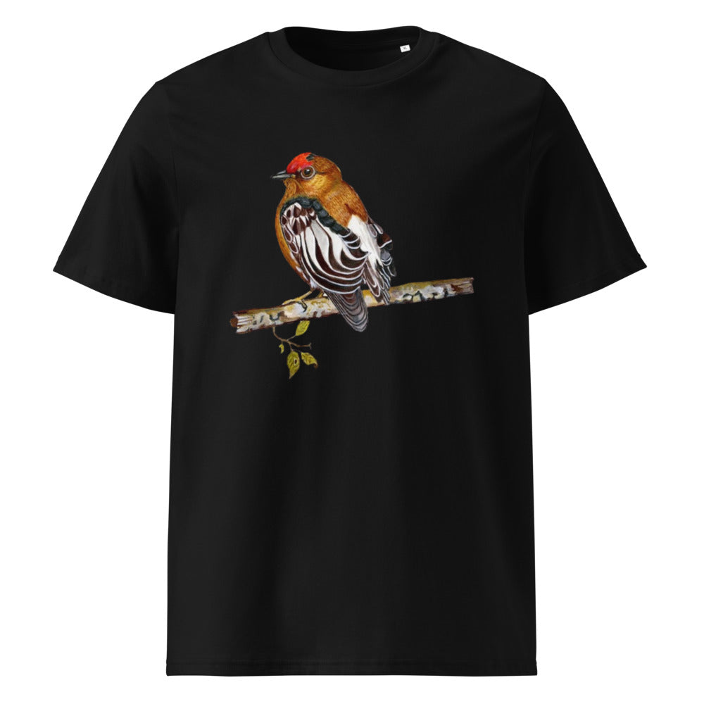 Club-winged Manakin tee on Black, Printful mockup
