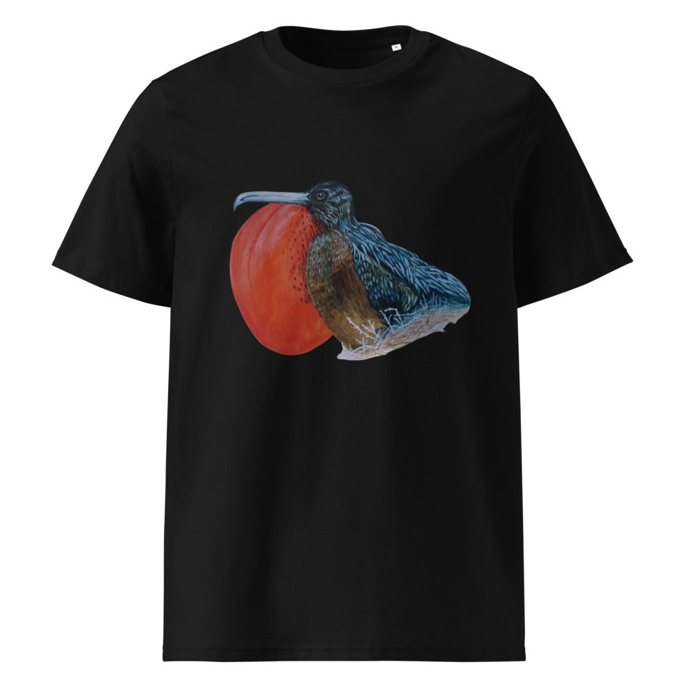 Galápagos Frigatebird tee on Black, Printful mockup