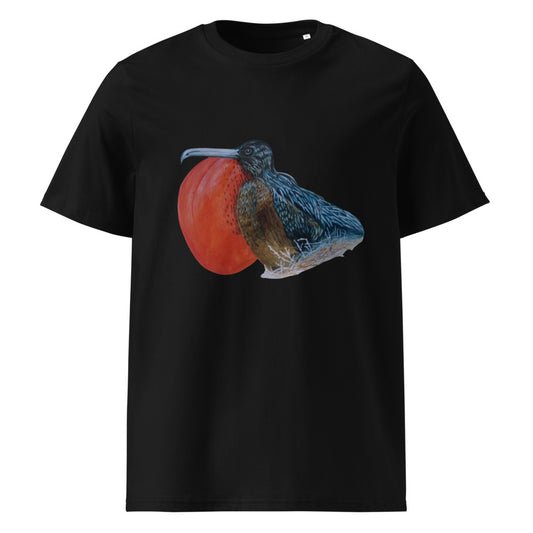 Galápagos Frigatebird tee on Black, Printful mockup
