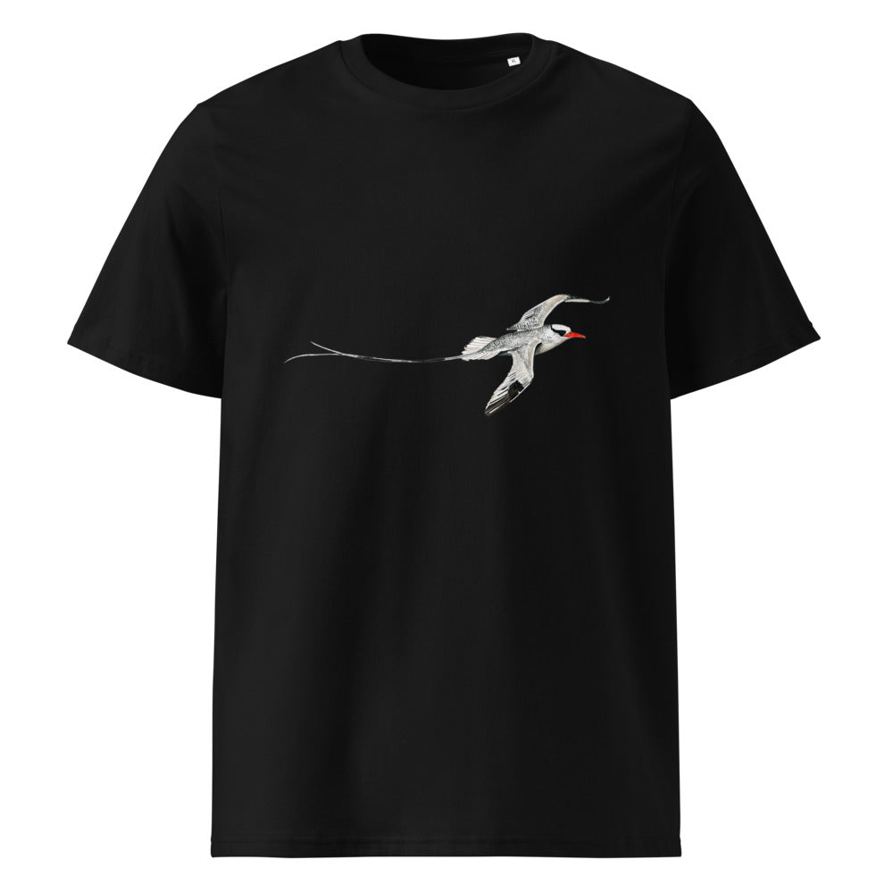 Red-billed Tropicbird tee on Black, Printful mockup