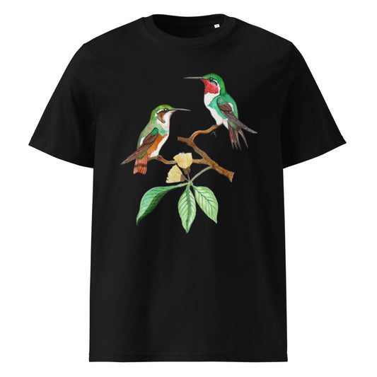 White-bellied Woodstar tee on Black, Printful mockup